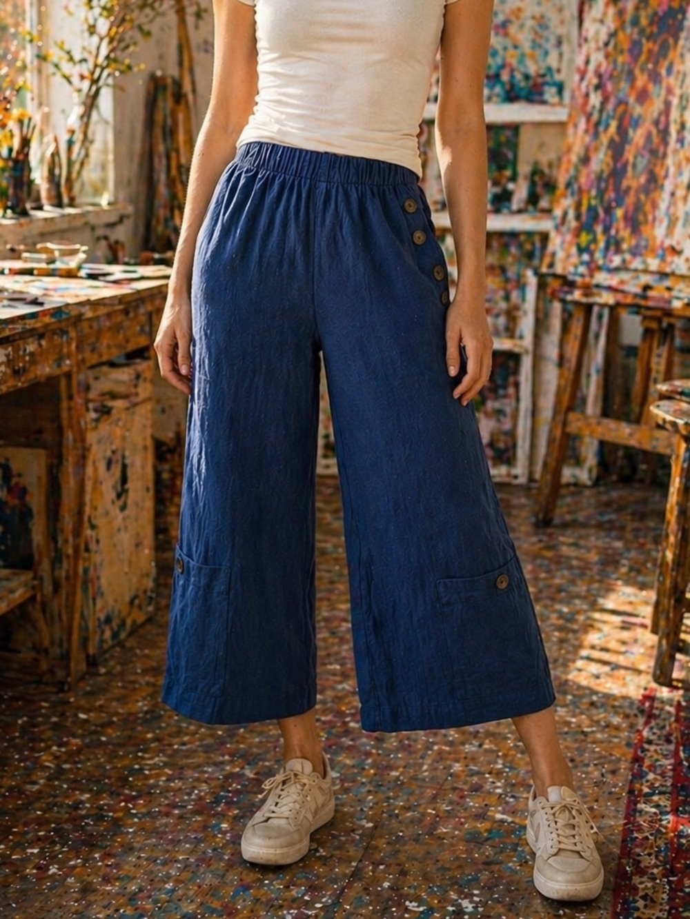 Bryn Walker Blue Linen Cropped Pants Eclectic Artsy Wide Leg USA Made
